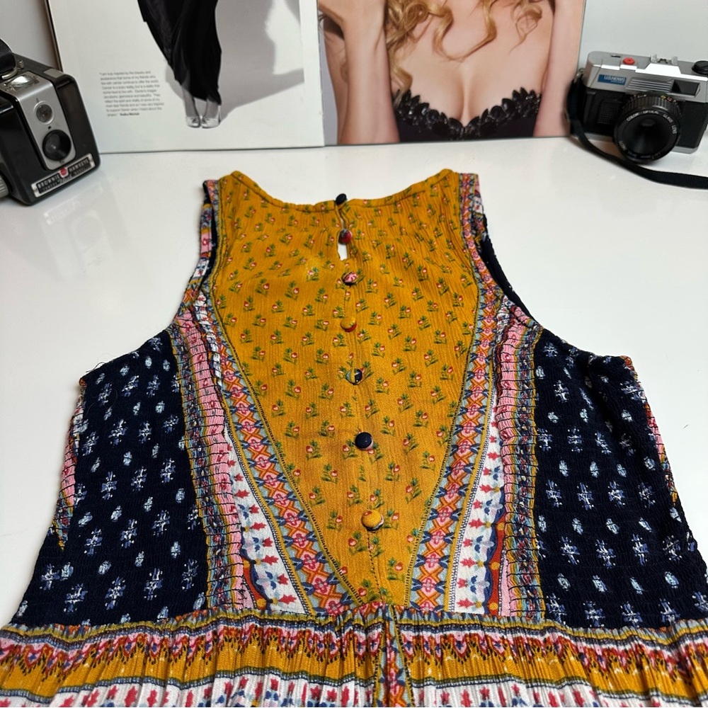 Patrons of Peace Patchwork Boho Mini Dress |Festival Prairie Cottagecore Rayon S - Picture 5 of 13